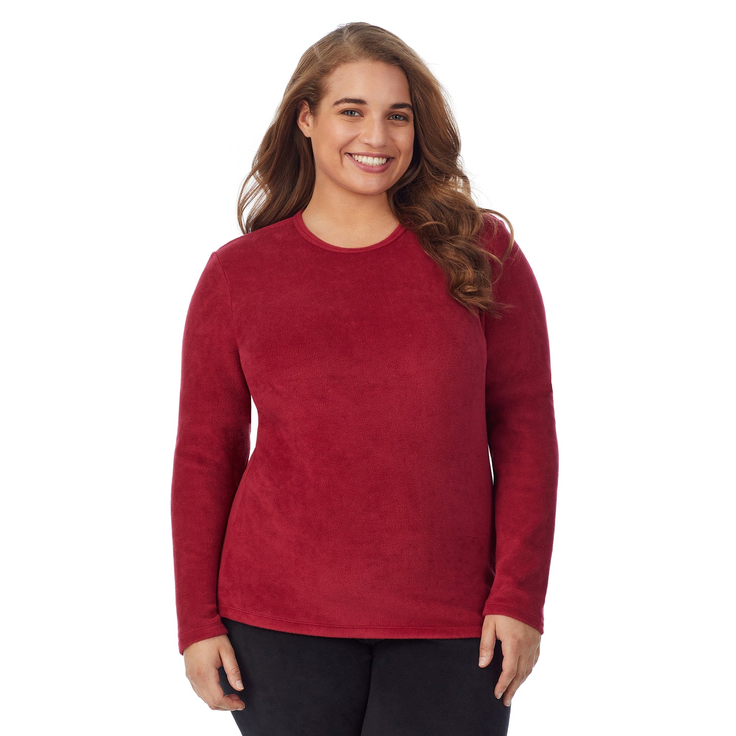 Rhubarb; Model is wearing size 1X. She is 5'7", Bust 42.5", Waist 34.5", Hips 46".@Upper body of a lady wearing red long sleeve crew
