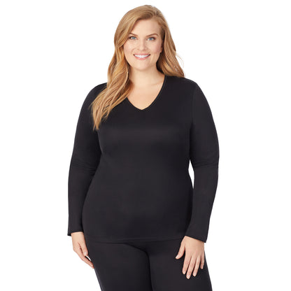 Black; Model is wearing size 1X. She is 5'9", Bust 38", Waist 36", Hips 48.5". @A lady wearing a black long sleeve lace edge V-neck plus.