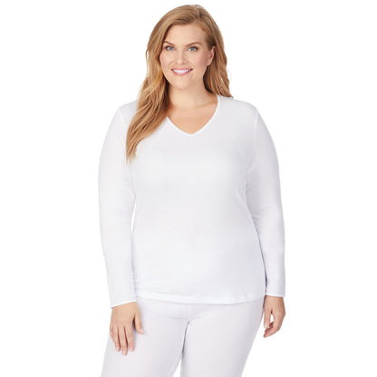 White; Model is wearing size 1X. She is 5'9", Bust 38", Waist 36", Hips 48.5".@A lady wearing a white long sleeve lace edge V-neck plus.