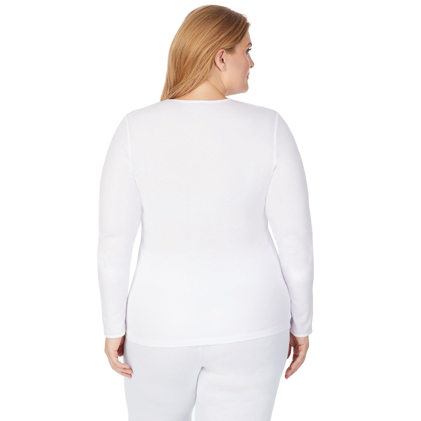 White; Model is wearing size 1X. She is 5'9", Bust 38", Waist 36", Hips 48.5". @A lady wearing a white long sleeve lace edge V-neck plus.