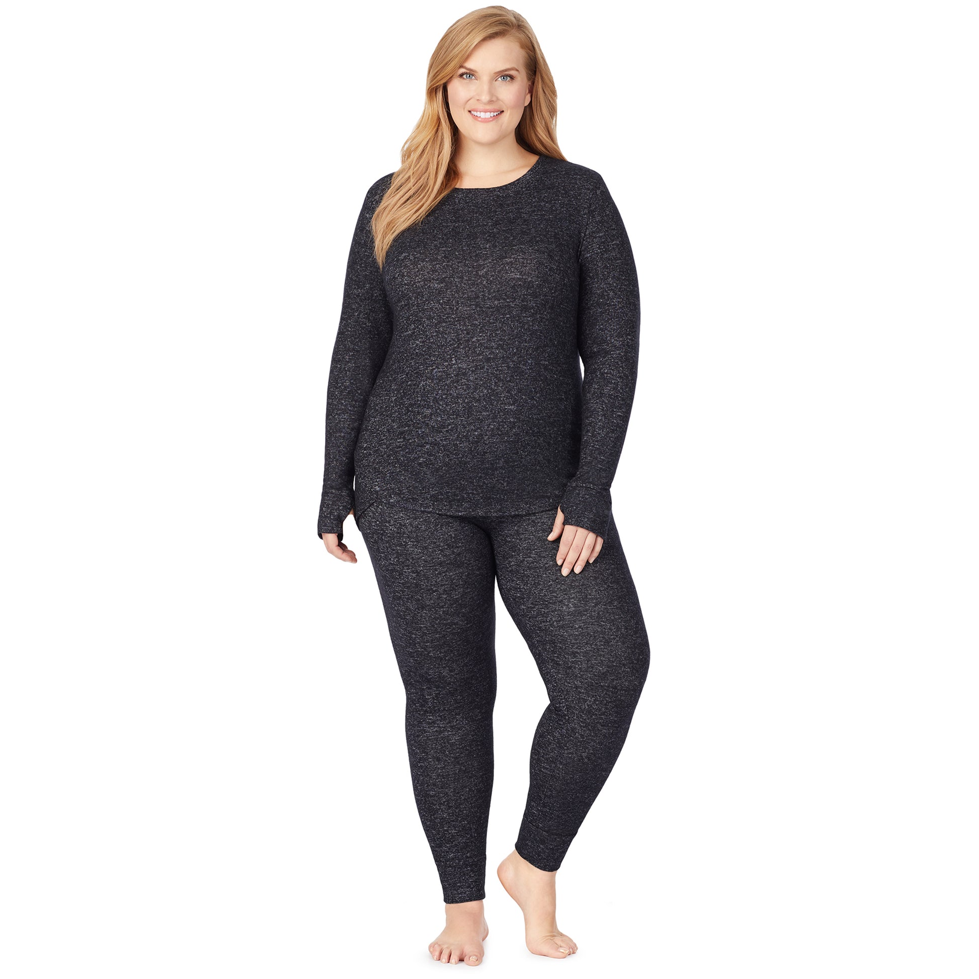 Marled Dark Charcoal; Model is wearing size 1X. She is 5'9", Bust 38", Waist 36", Hips 48.5". @A lady wearing a marled dark charcoal legging plus.