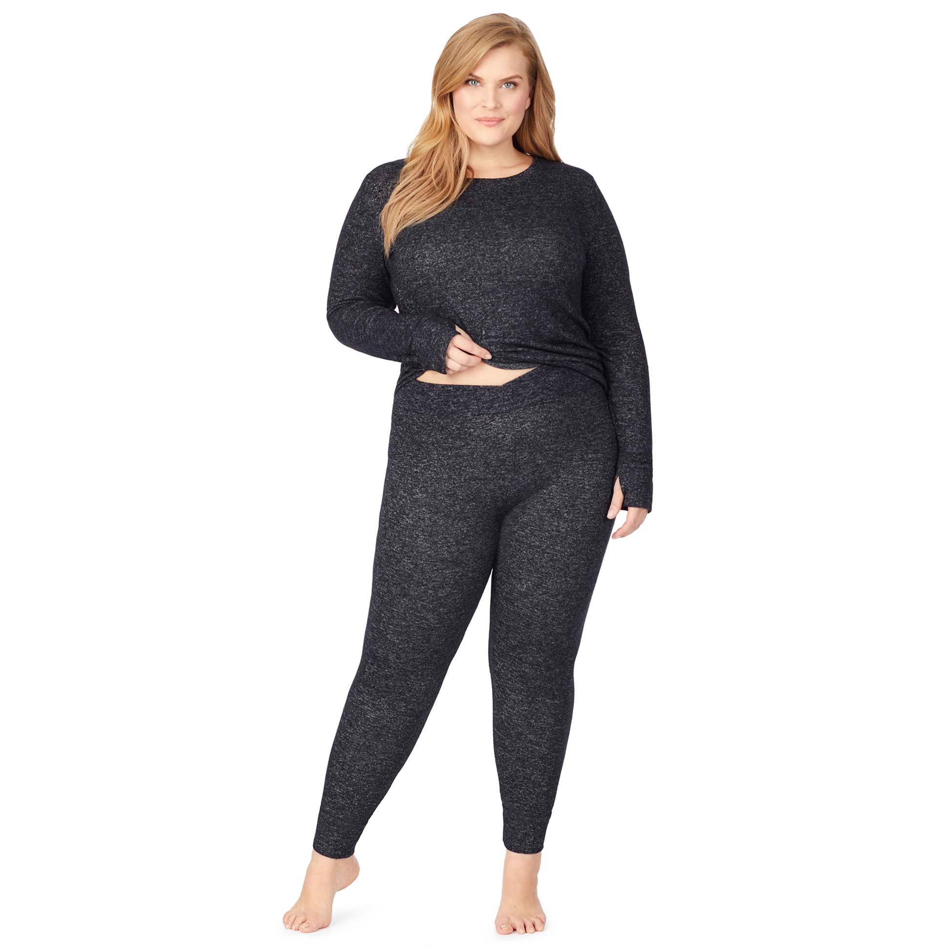 Marled Dark Charcoal; Model is wearing size 1X. She is 5'9", Bust 38", Waist 36", Hips 48.5". @A lady wearing a marled dark charcoal legging plus.