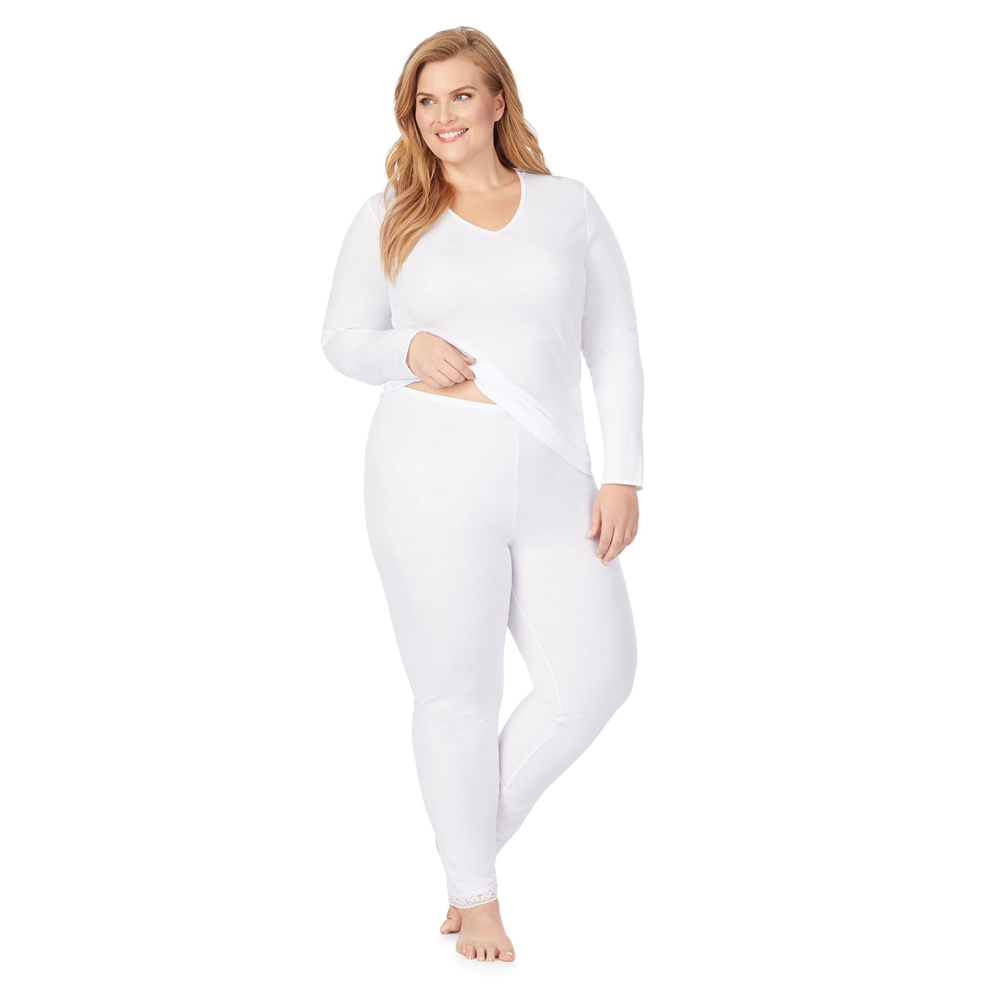 White; Model is wearing size 1X. She is 5'9", Bust 38", Waist 36", Hips 48.5". @A lady wearing a white lace edge legging plus.
