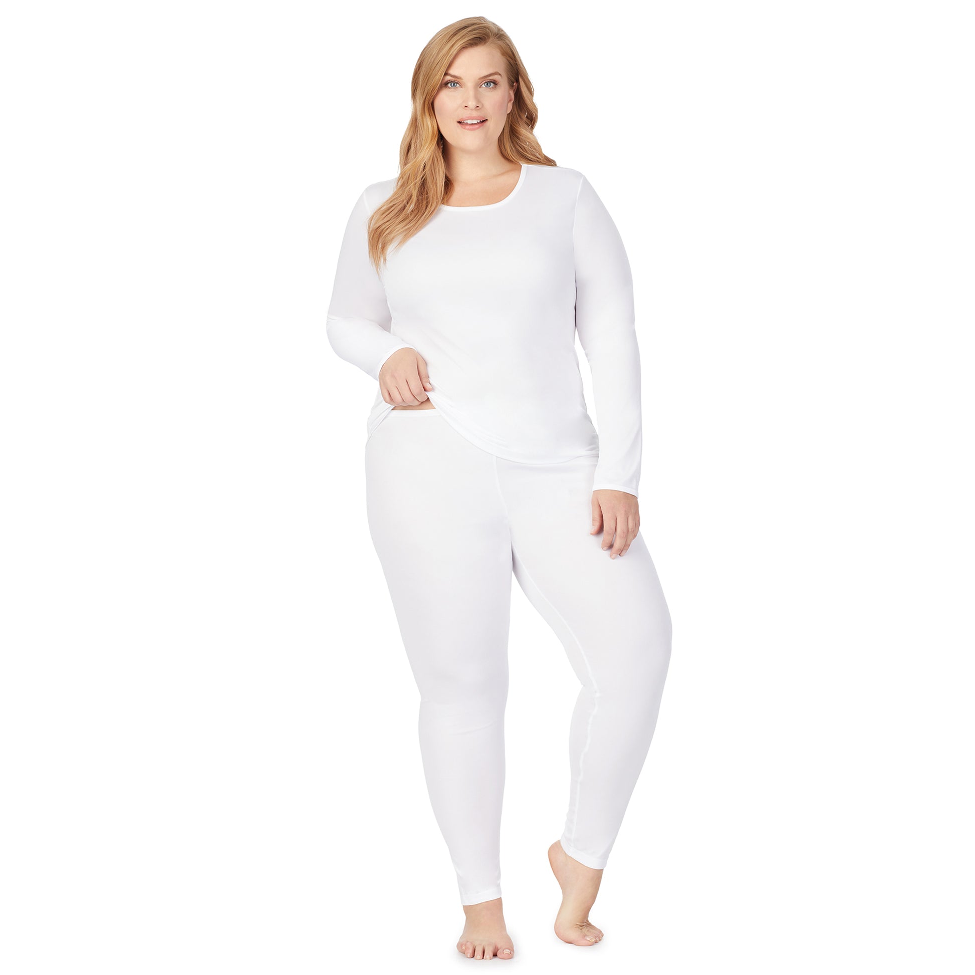 White; Model is wearing size 1X. She is 5'9", Bust 38", Waist 36", Hips 48.5".@A model wearing white legging