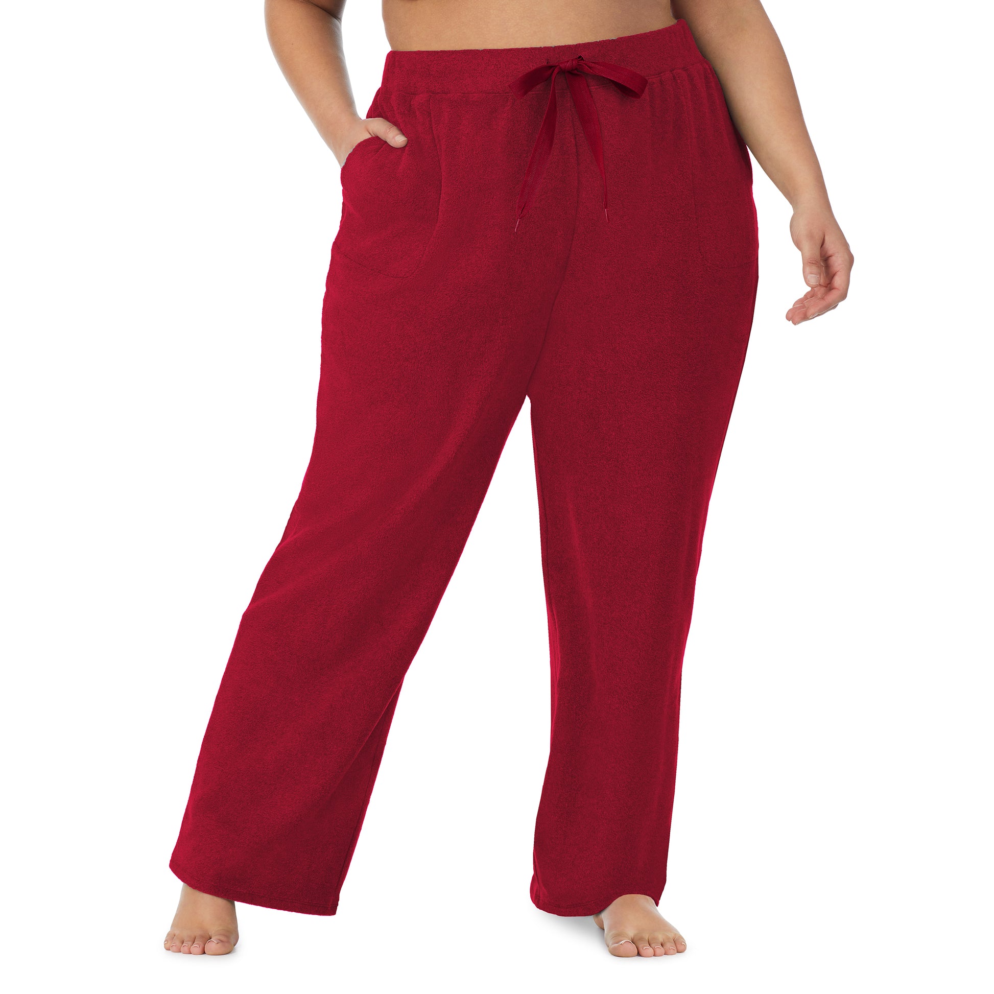 Rhubarb; Model is wearing size 1X. She is 5'9", Bust 38", Waist 36", Hips 48.5".@lower body of a lady wearing red lounge pant