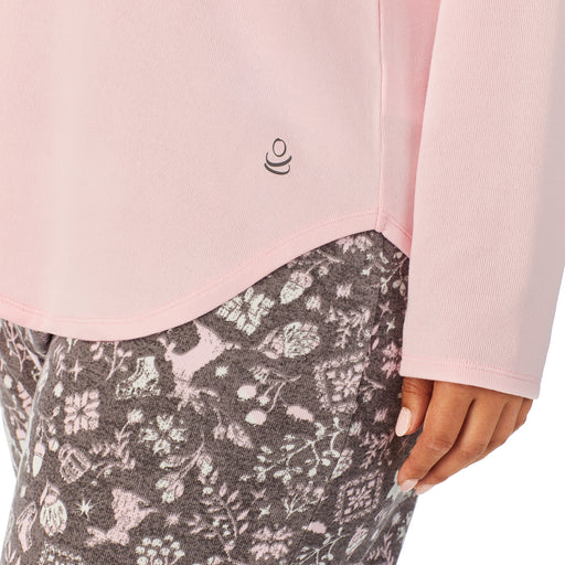 Grey Nordic; Model is wearing size 1X. She is 5’11”, Bust 38”, Waist 34”, Hips 46”. @A lady wearing a pink long sleeve top and bottom pajama set with nordic pattern.