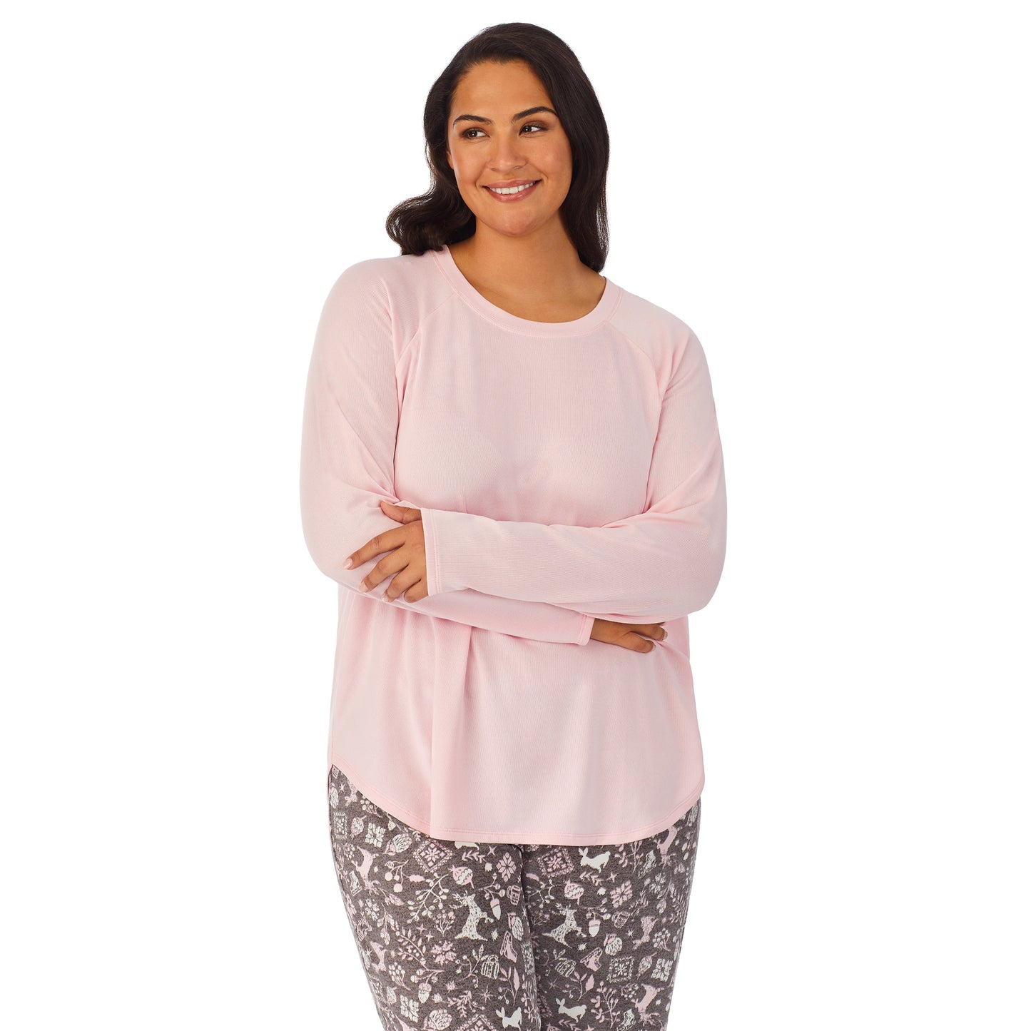 Grey Nordic; Model is wearing size 1X. She is 5’11”, Bust 38”, Waist 34”, Hips 46”. @A lady wearing a pink long sleeve top and bottom pajama set with nordic pattern.