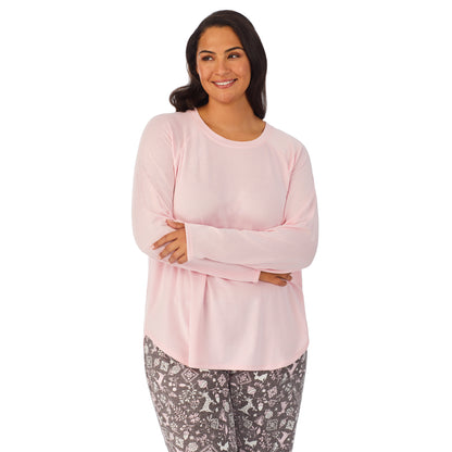 Grey Nordic; Model is wearing size 1X. She is 5’11”, Bust 38”, Waist 34”, Hips 46”. @A lady wearing a pink long sleeve top and bottom pajama set with nordic pattern.