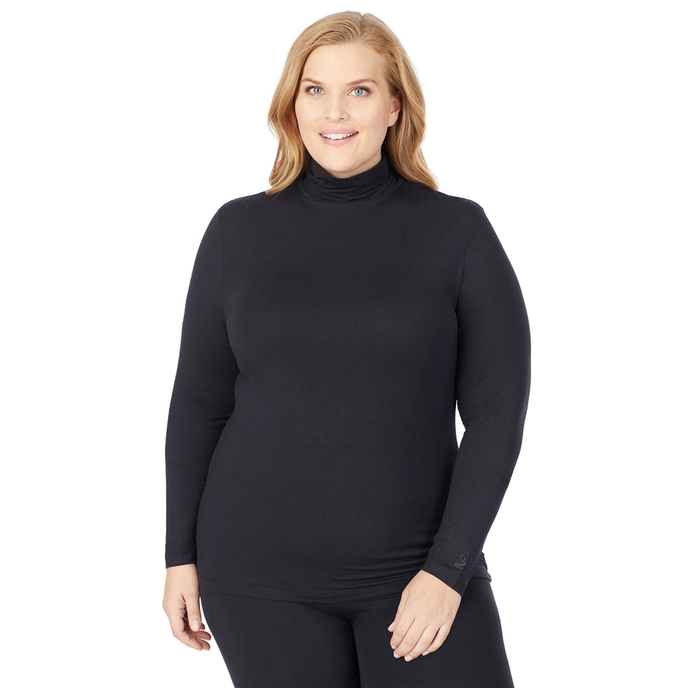 A lady wearing a black long sleeve stretch turtleneck t-shirt plus.