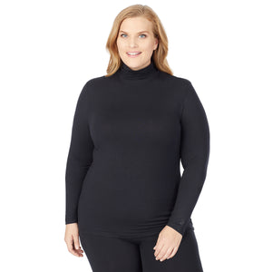 A lady wearing a black long sleeve stretch turtleneck t-shirt plus.