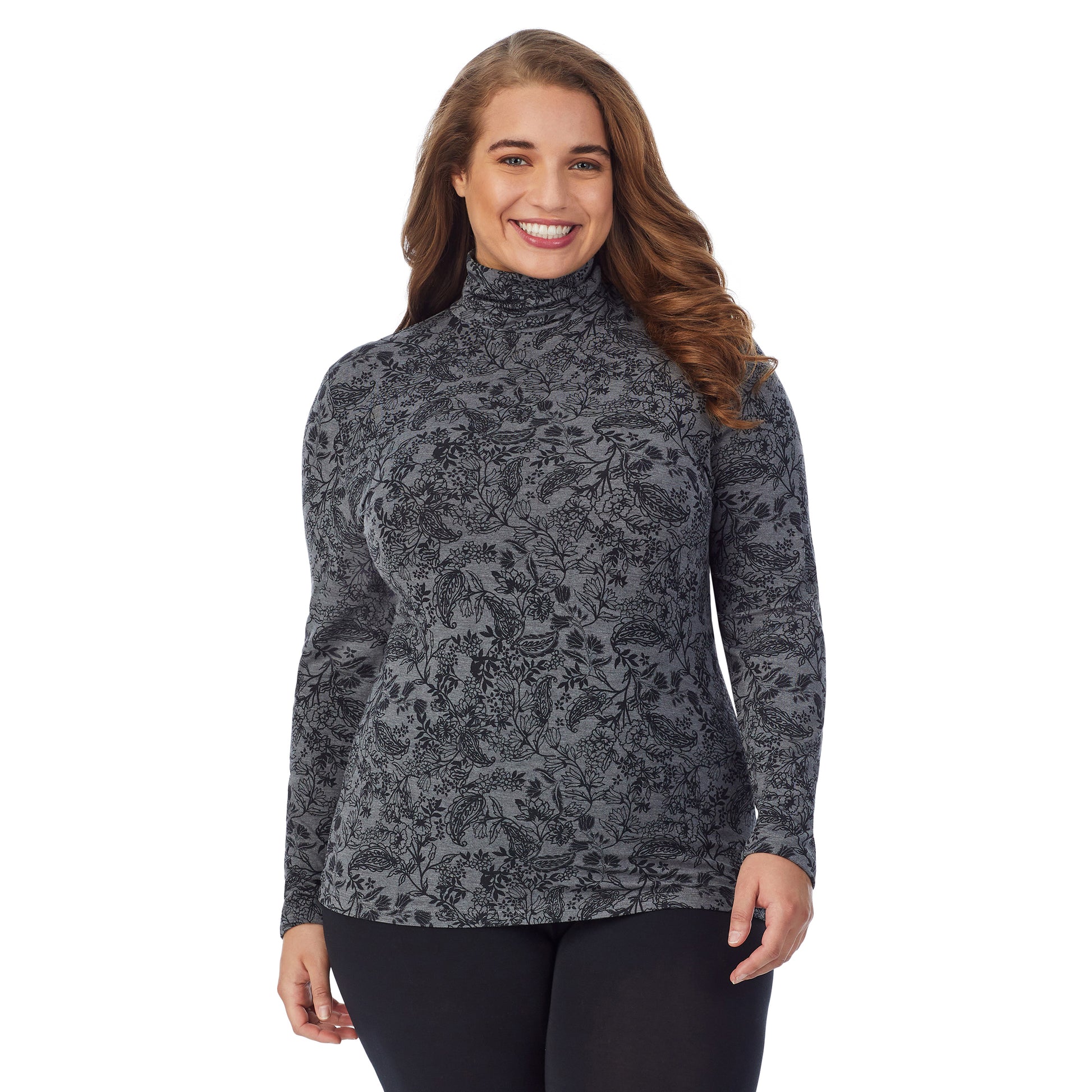 Heather Grey Paisley; Model is wearing size 1X. She is 5'7", Bust 42.5", Waist 34.5", Hips 46". @A lady wearing a heather grey paisley long sleeve stretch turtleneck t-shirt plus.
