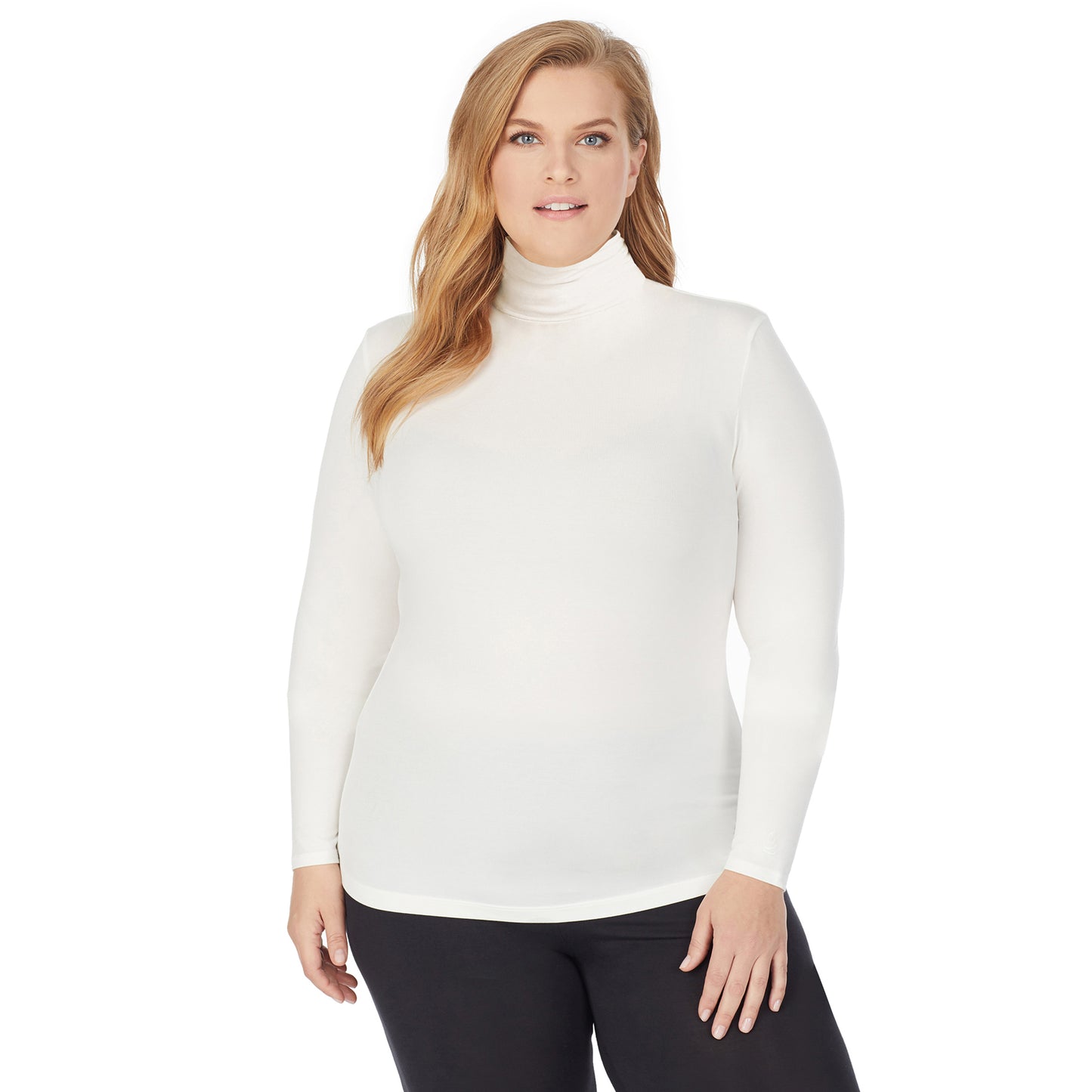 Ivory; Model is wearing size 1X. She is 5'9", Bust 38", Waist 36", Hips 48.5". @A lady wearing a ivory long sleeve stretch turtleneck t-shirt plus.