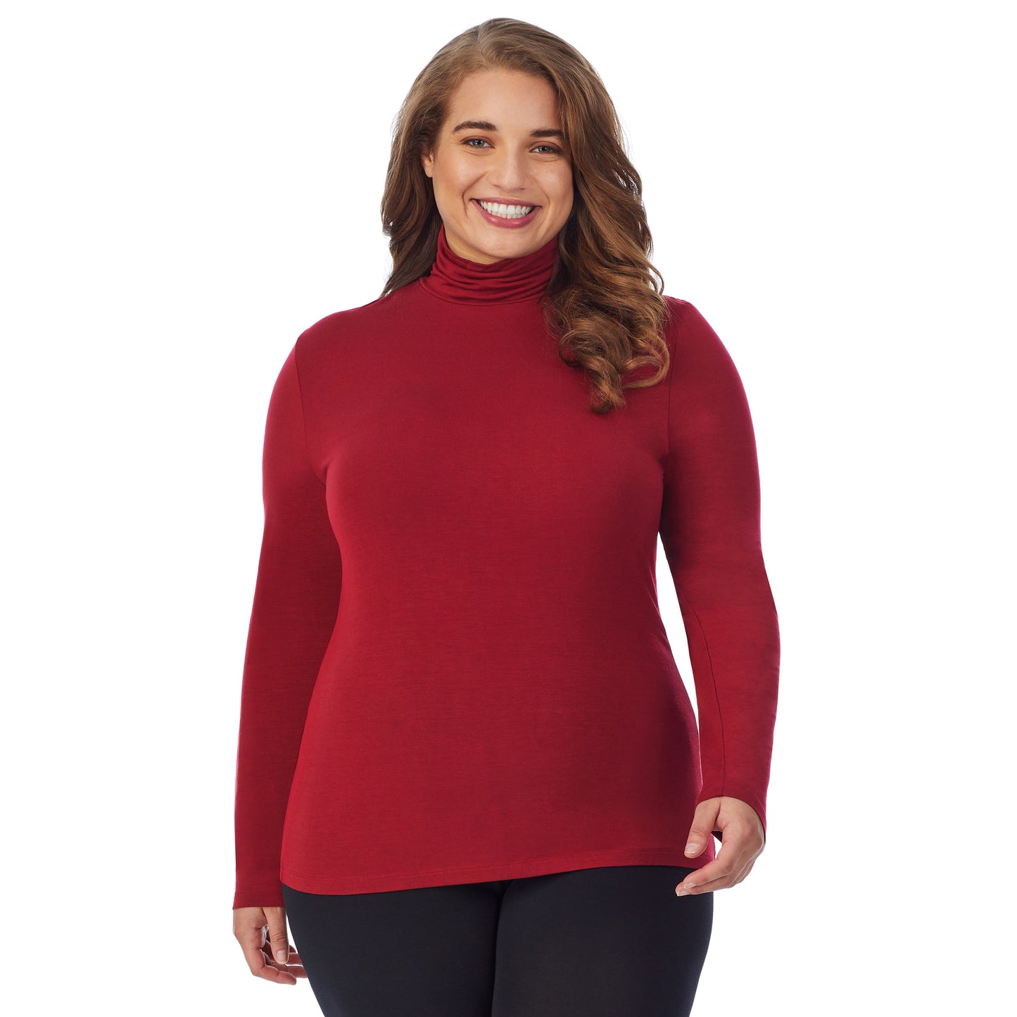  Rhubarb; Model is wearing size 1X. She is 5'7", Bust 42.5", Waist 34.5", Hips 46". @A lady wearing a rhubarb long sleeve stretch turtleneck t-shirt plus.