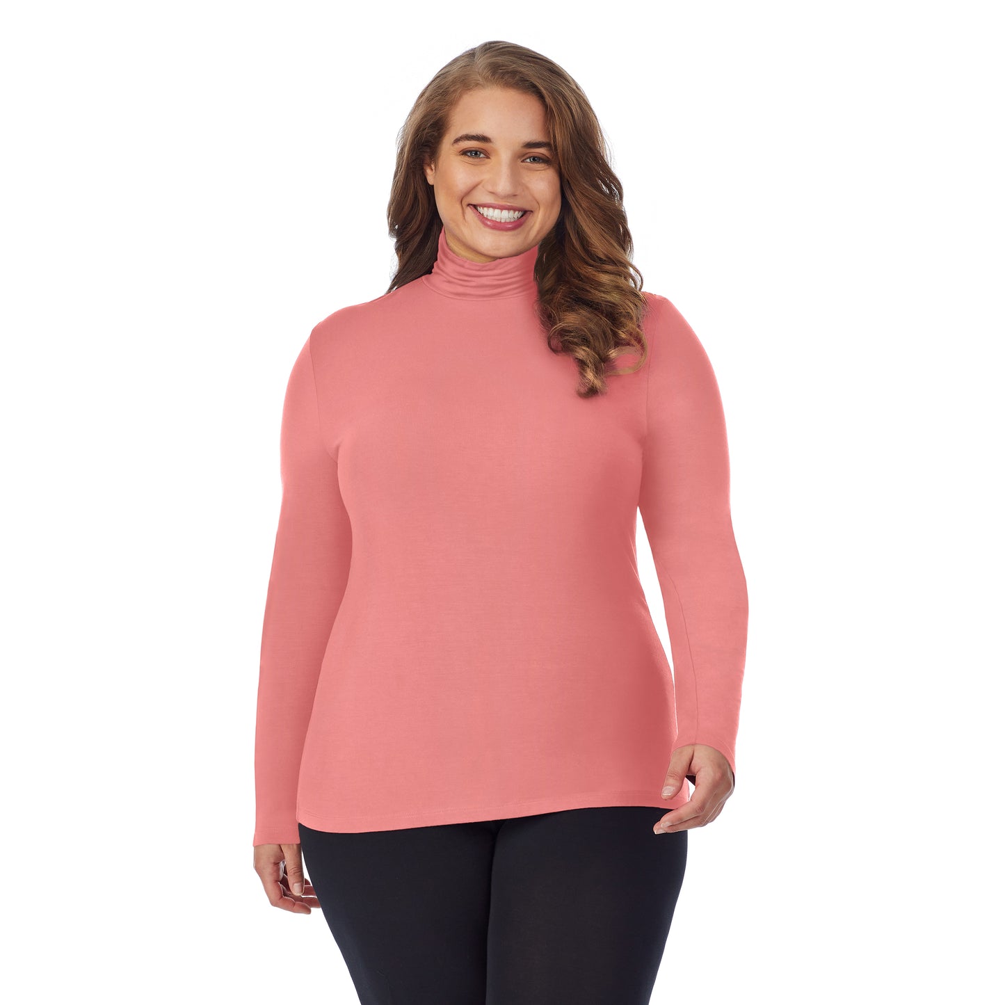 Bright Coral; Model is wearing size 1X. She is 5'7", Bust 42.5", Waist 34.5", Hips 46". @A lady wearing a bright coral  long sleeve stretch turtleneck t-shirt plus.