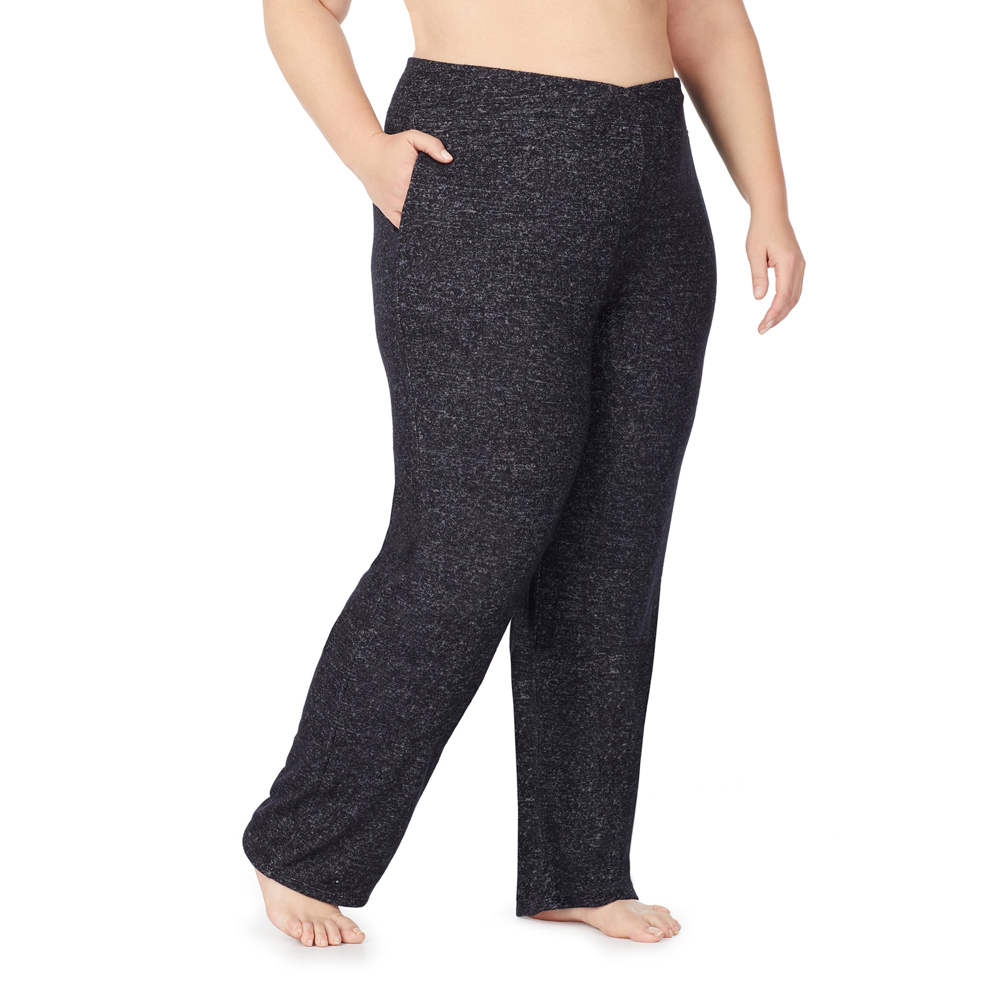 Marled Dark Charcoal; Model is wearing size 1X. She is 5'9", Bust 38", Waist 36", Hips 48.5". @A lady wearing a marled dark charcoal lounge pant plus.