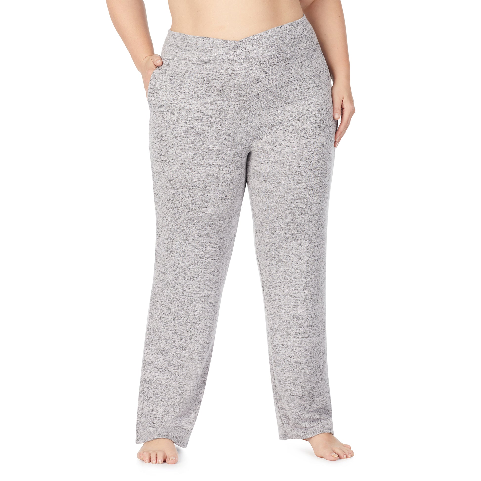 Marled Grey; Model is wearing size 1X. She is 5'9", Bust 38", Waist 36", Hips 48.5". @A lady wearing a marled grey lounge pant plus.