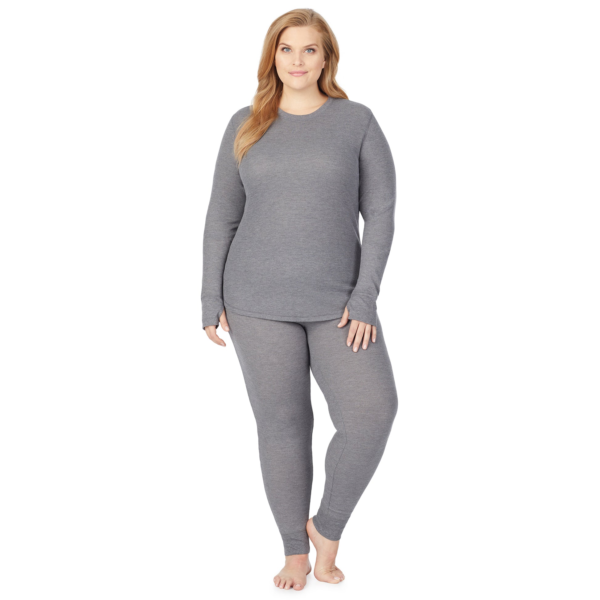 Stone Grey Heather;Model is wearing size 1X. She is 5'9", Bust 38", Waist 36", Hips 48.5". @A lady wearing a stone grey heather legging plus.