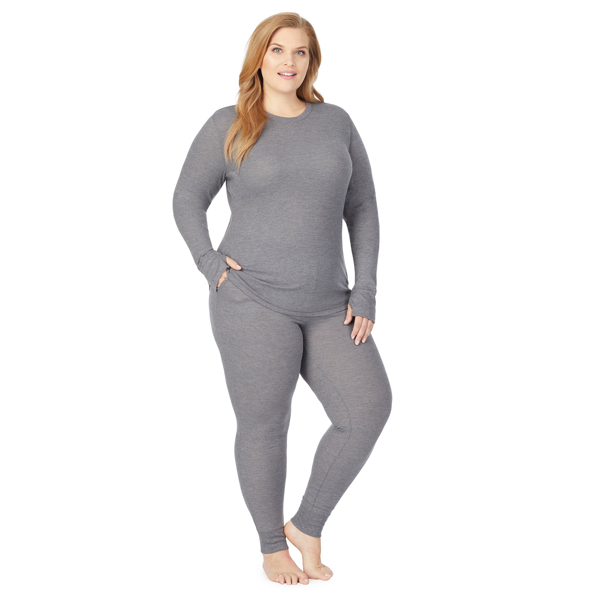 Stone Grey Heather;Model is wearing size 1X. She is 5'9", Bust 38", Waist 36", Hips 48.5". @A lady wearing a stone grey heather legging plus.