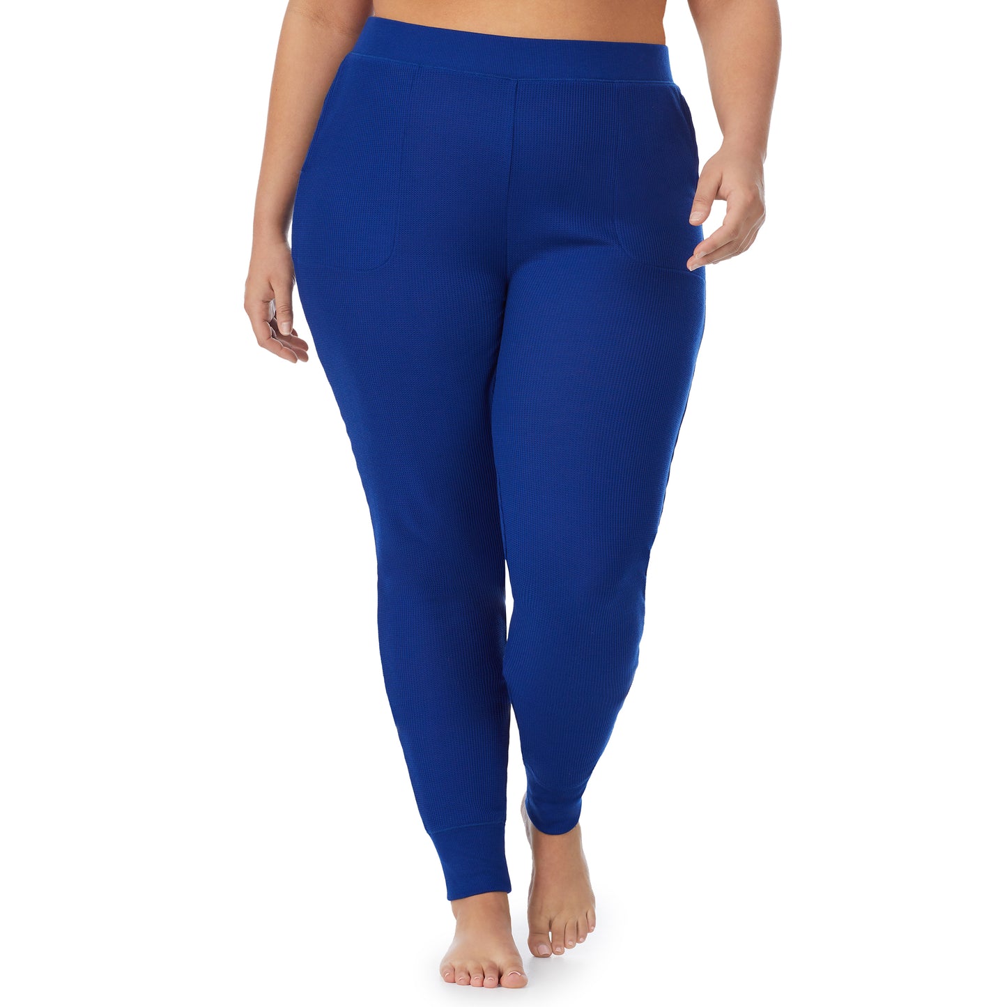 Royal Blue; Model is wearing size 1X. She is 5'9", Bust 38", Waist 36", Hips 48.5".@A lady wearing a royal blue legging plus.