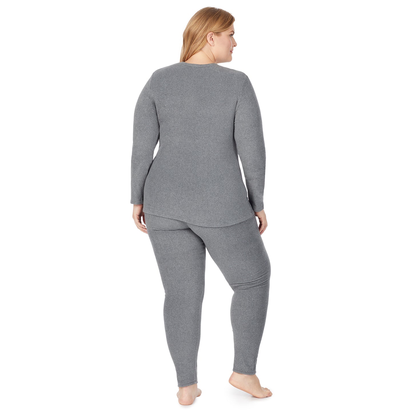 Charcoal Heather; Model is wearing size 1X. She is 5'9", Bust 38", Waist 36", Hips 48.5".@lower body of a lady wearing grey legging