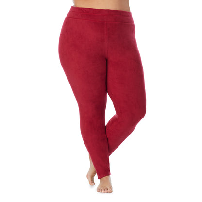 Rhubarb; Model is wearing size 1X. She is 5'9", Bust 38", Waist 36", Hips 48.5".@lower body of a lady wearing red legging