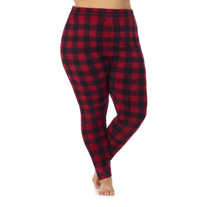 lower body of a lady wearing red buffalolegging !59% Polyester, 35% Recycled Polyester, 6% Spandex !