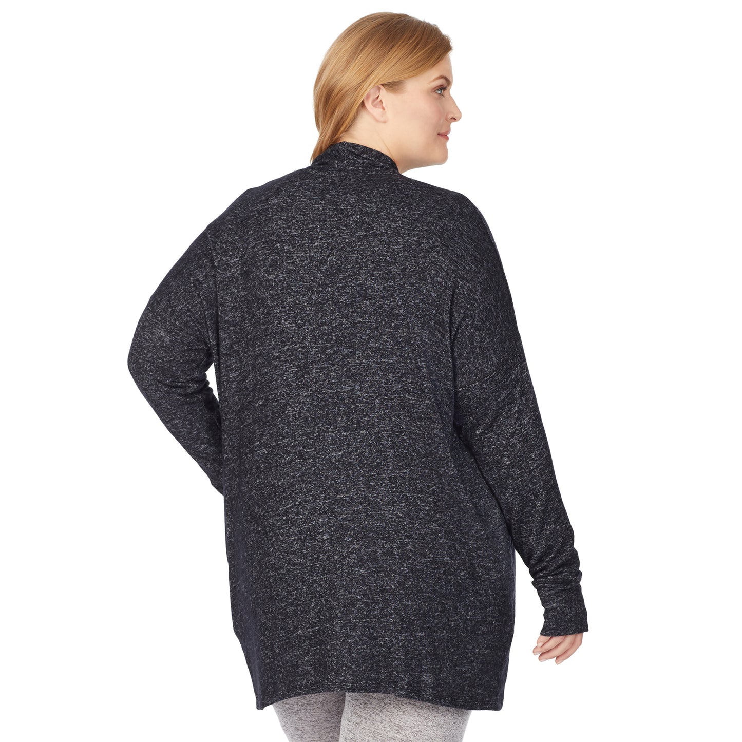 Marled Dark Charcoal; Model is wearing size 1X. She is 5'9", Bust 38", Waist 36", Hips 48.5". @A lady wearing a marled dark charcoal long sleeve wrap plus.