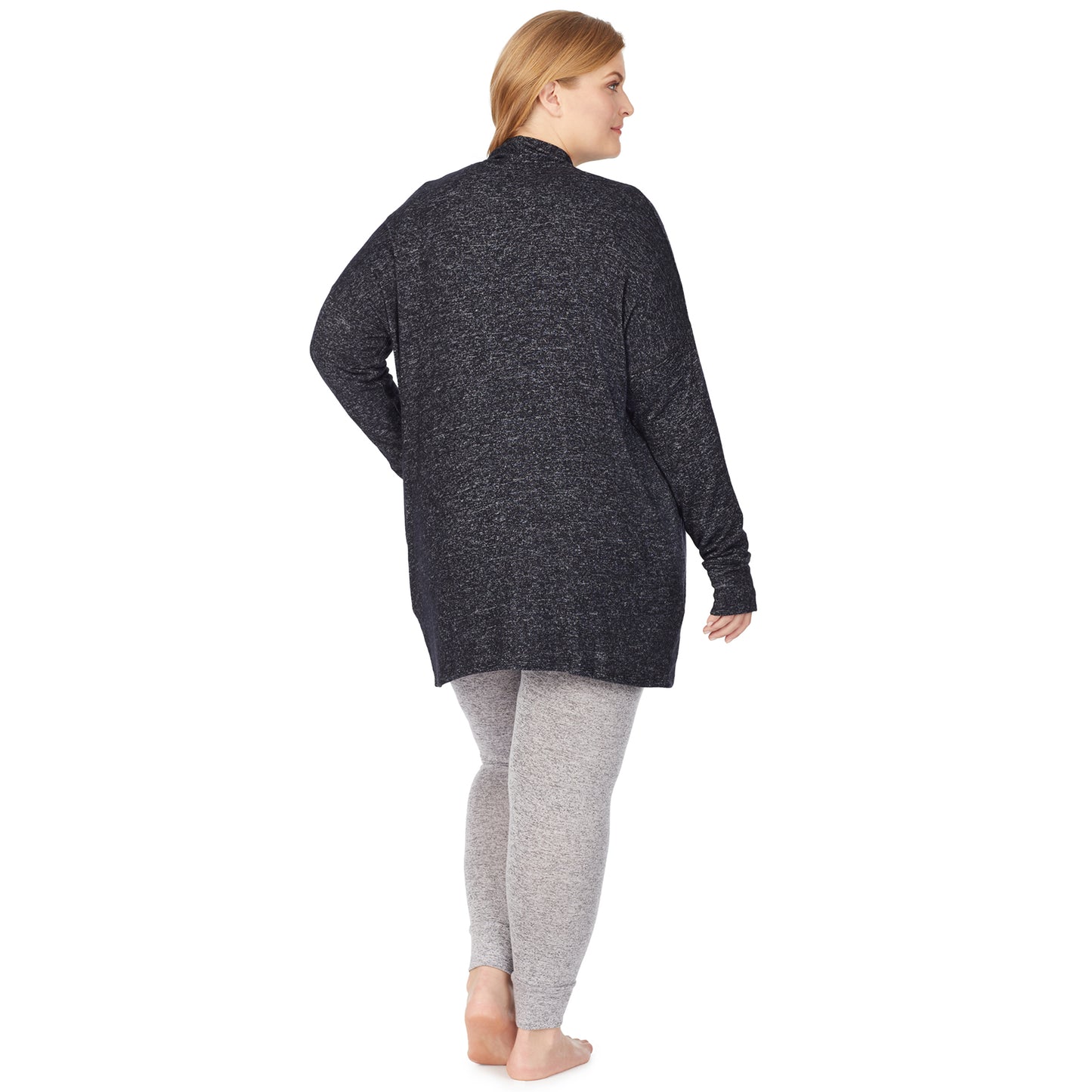 Marled Dark Charcoal; Model is wearing size 1X. She is 5'9", Bust 38", Waist 36", Hips 48.5". @A lady wearing a marled dark charcoal long sleeve wrap plus.