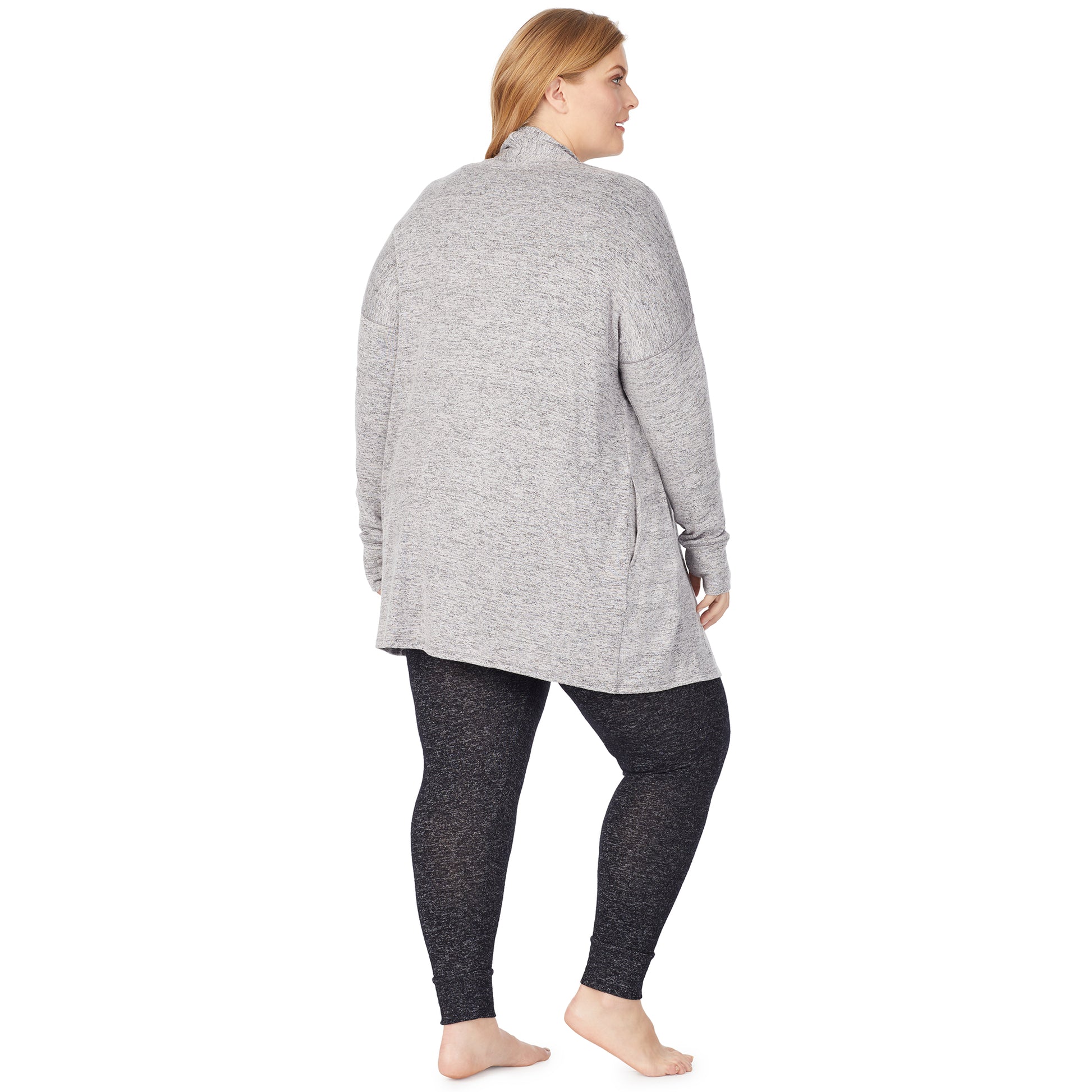 Marled Grey; Model is wearing size 1X. She is 5'9", Bust 38", Waist 36", Hips 48.5". @A lady wearing a marled grey long sleeve wrap plus.