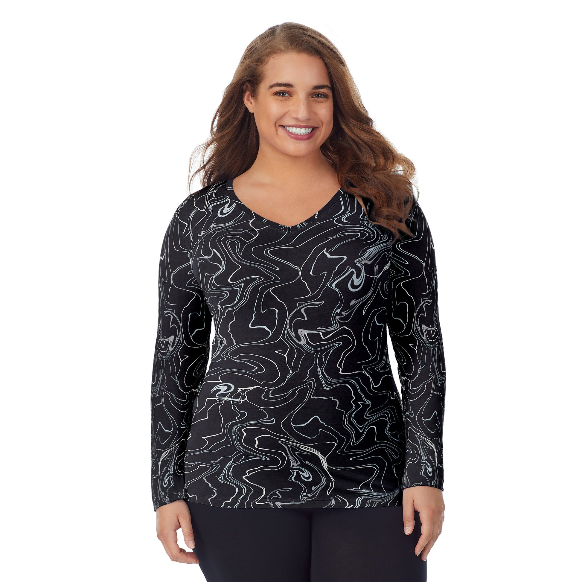 Black Marble; Model is wearing size 1X. She is 5'7", Bust 42.5", Waist 34.5", Hips 46".@upper body of a lady wearing black marble long sleeve v-neck top