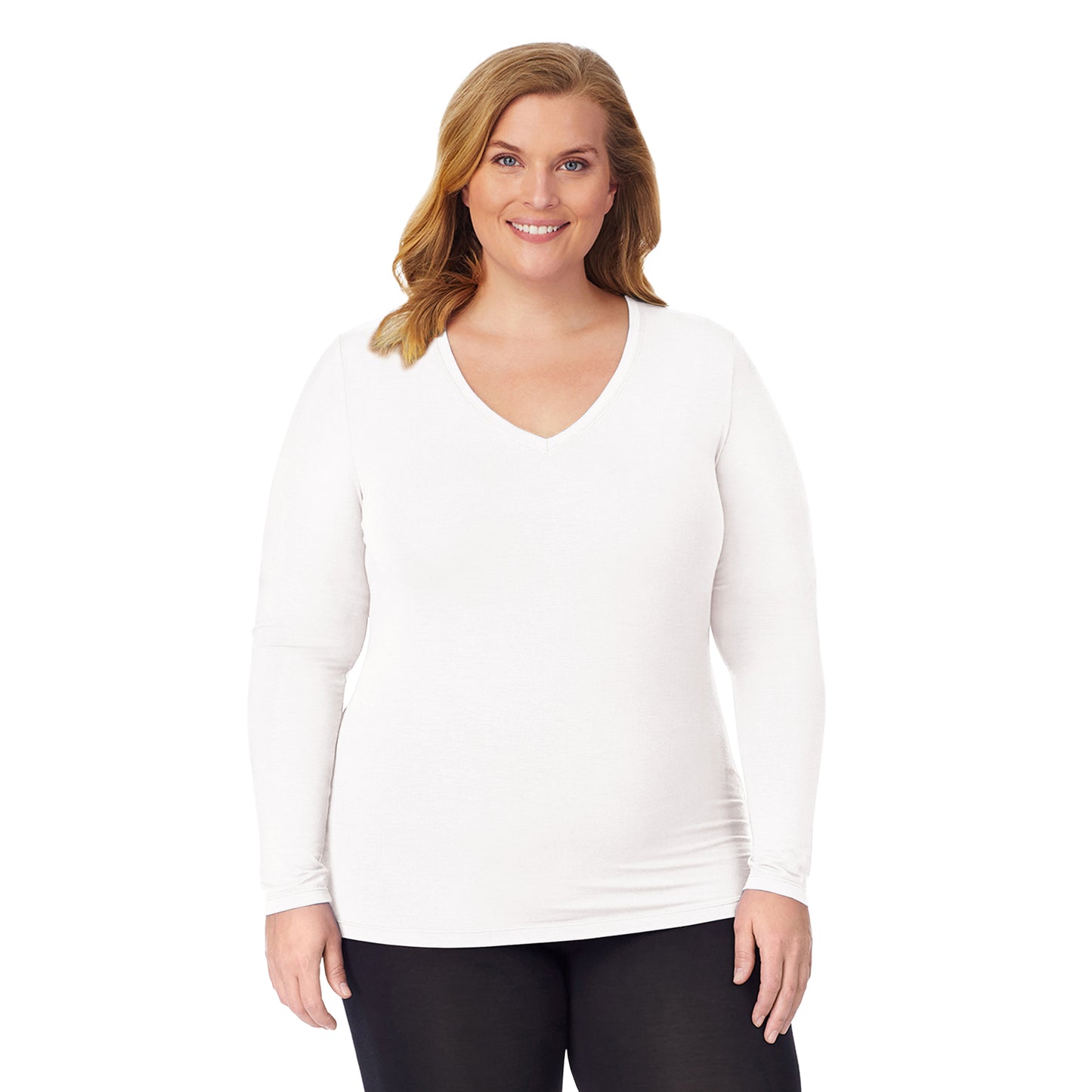 Ivory; Model is wearing size 1X. She is 5'9", Bust 38", Waist 36", Hips 48.5".@upper body of a lady wearing ivory long sleeve v-neck top