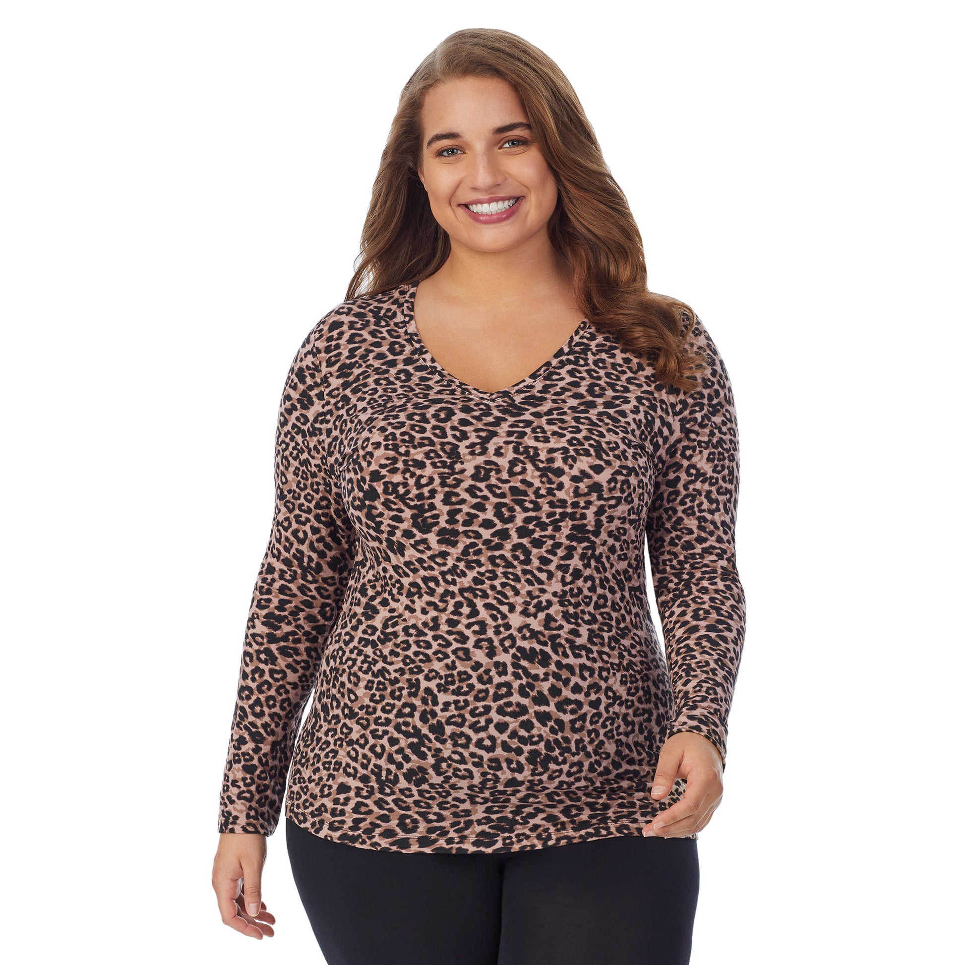 Animal; Model is wearing size 1X. She is 5'7", Bust 42.5", Waist 34.5", Hips 46".@upper body of a lady wearing animal long sleeve v-neck top