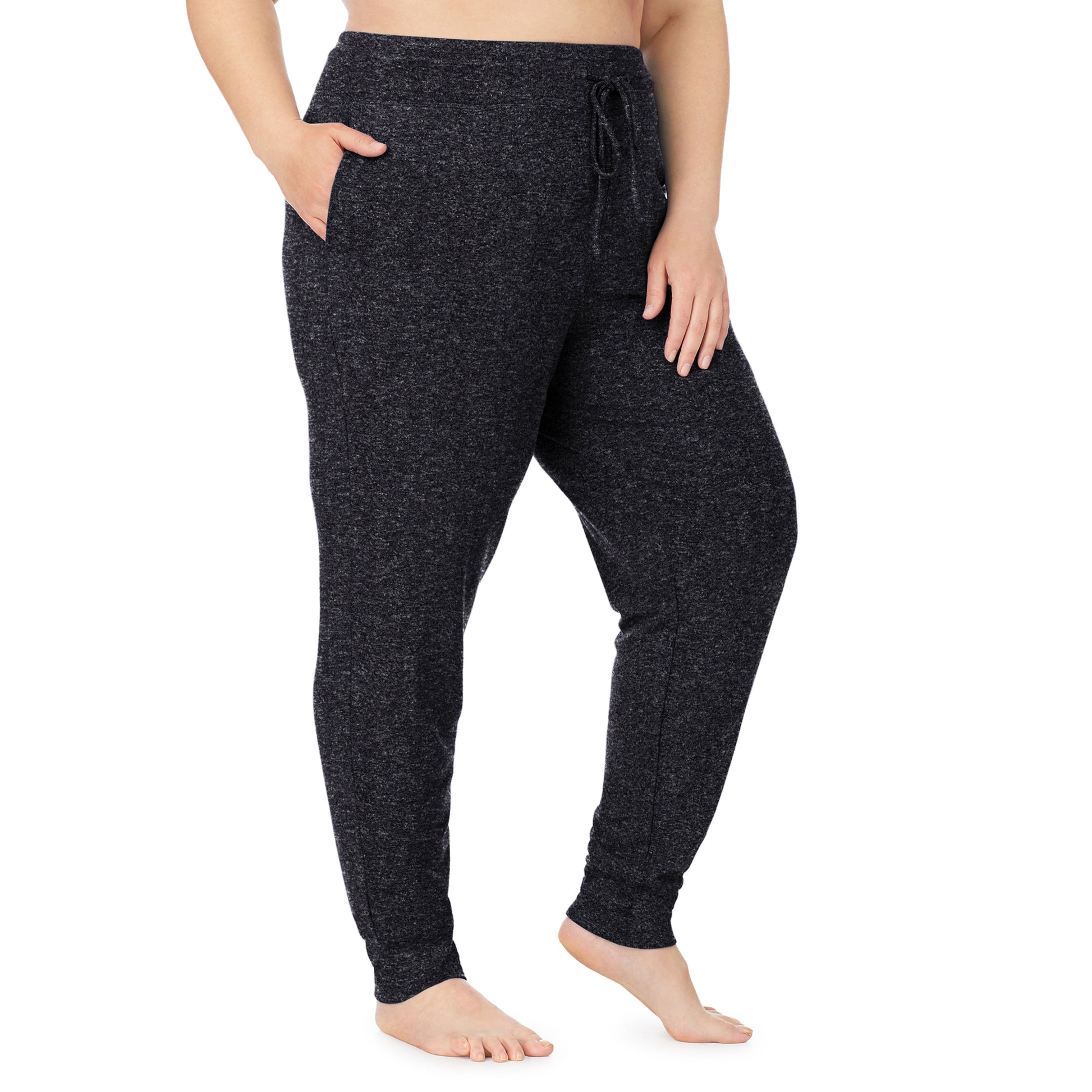 Marled Dark Charcoal; Model is wearing size 1X. She is 5'9", Bust 38", Waist 36", Hips 48.5". @A lady wearing a marled dark charcoal jogger plus.