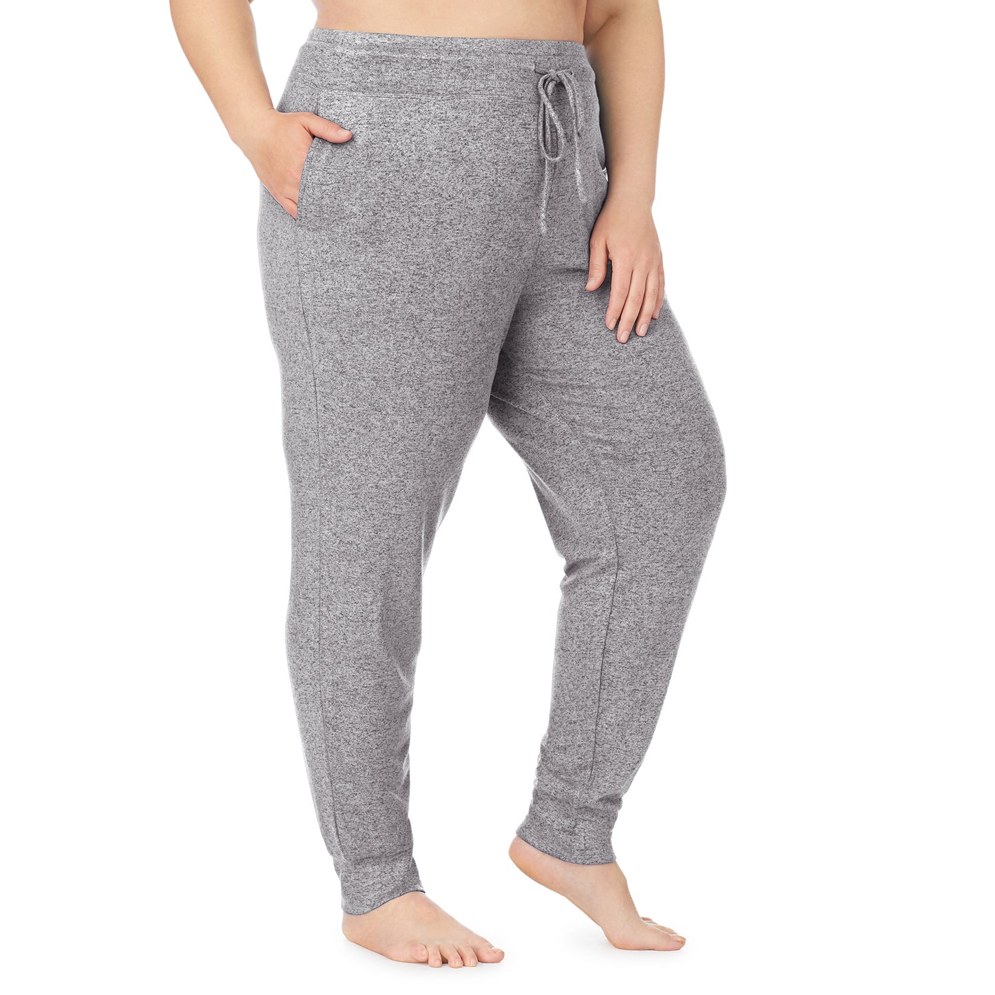 Marled Grey; Model is wearing size 1X. She is 5'9", Bust 38", Waist 36", Hips 48.5". @A lady wearing a marled grey jogger plus.