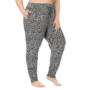 A lady wearing a grey animal jogger plus.