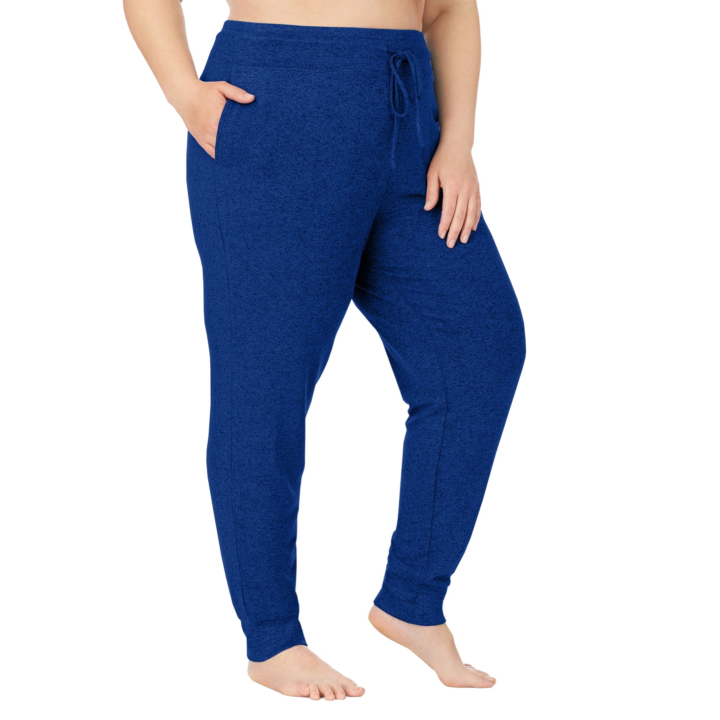 Marled Royal Blue; Model is wearing size 1X. She is 5'9", Bust 38", Waist 36", Hips 48.5". @A lady wearing a marled royal blue jogger plus.