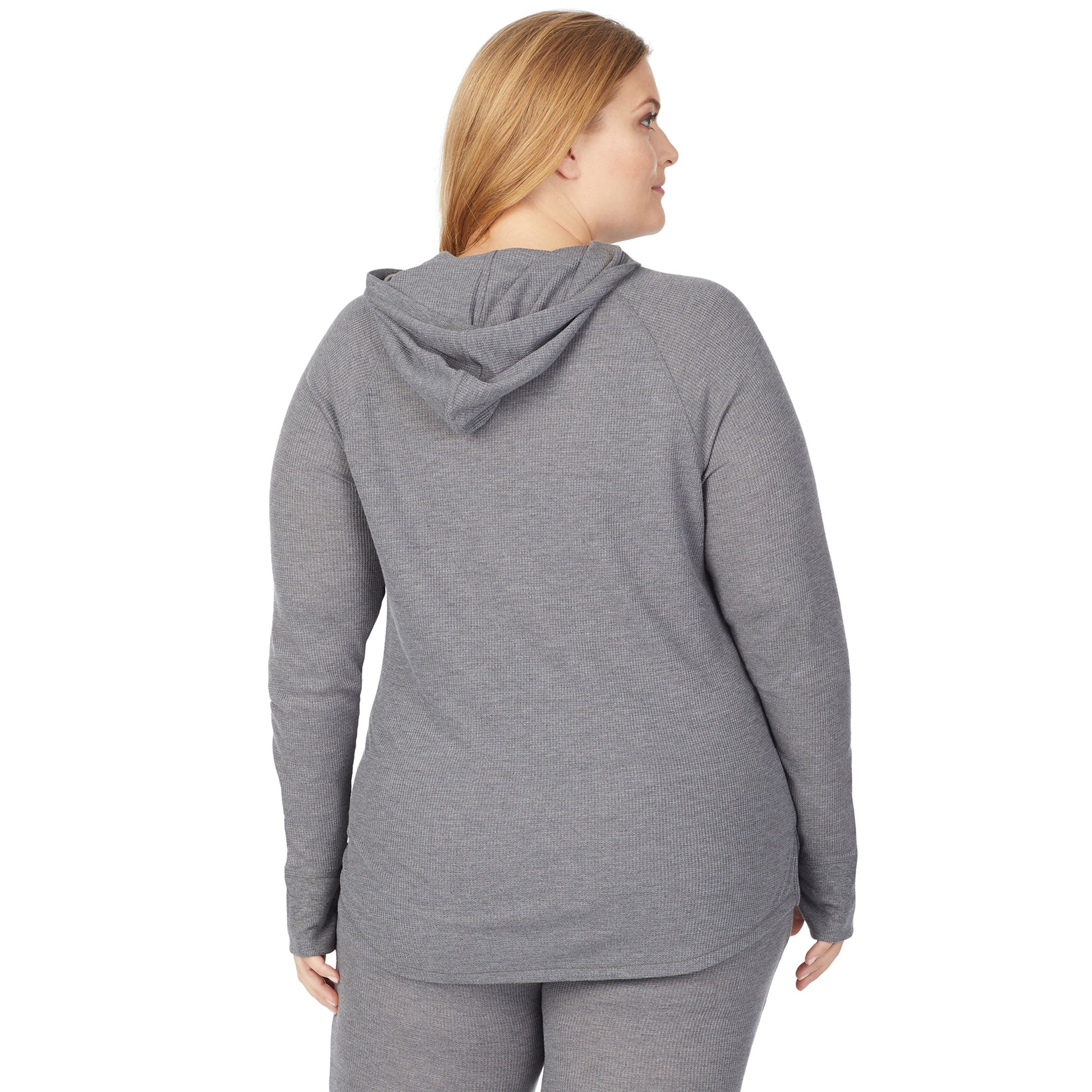 Stone Grey Heather; Model is wearing size 1X. She is 5'9", Bust 38", Waist 36", Hips 48.5". @A lady wearing a stone grey heather long sleeve hoodie tunic plus.