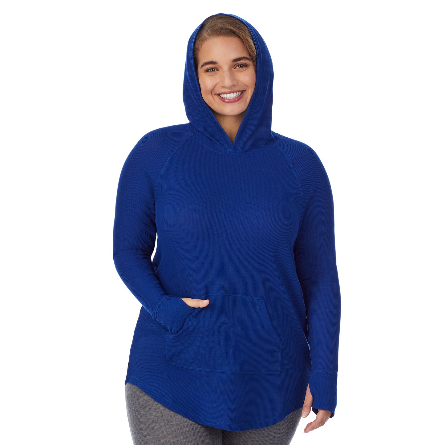 Royal Blue; Model is wearing size 1X. She is 5'7", Bust 42.5", Waist 34.5", Hips 46". @A lady wearing a royal blue long sleeve hoodie tunic plus.