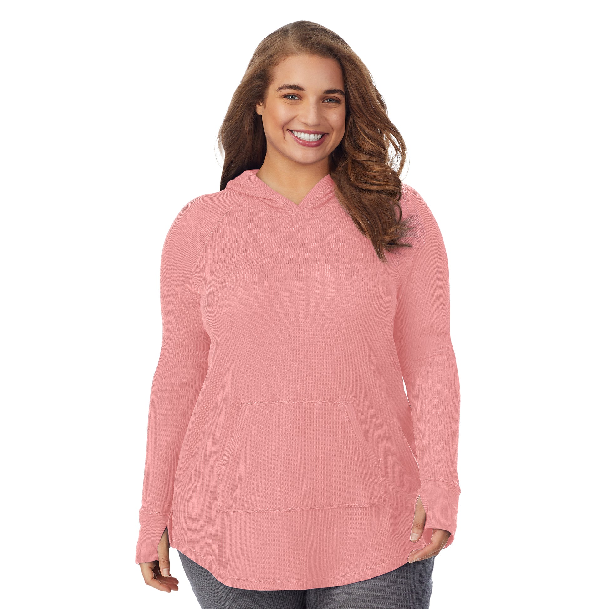 Bright Coral Heather; Model is wearing size 1X. She is 5'7", Bust 42.5", Waist 34.5", Hips 46". @A lady wearing a bright coral heather long sleeve hoodie tunic plus.