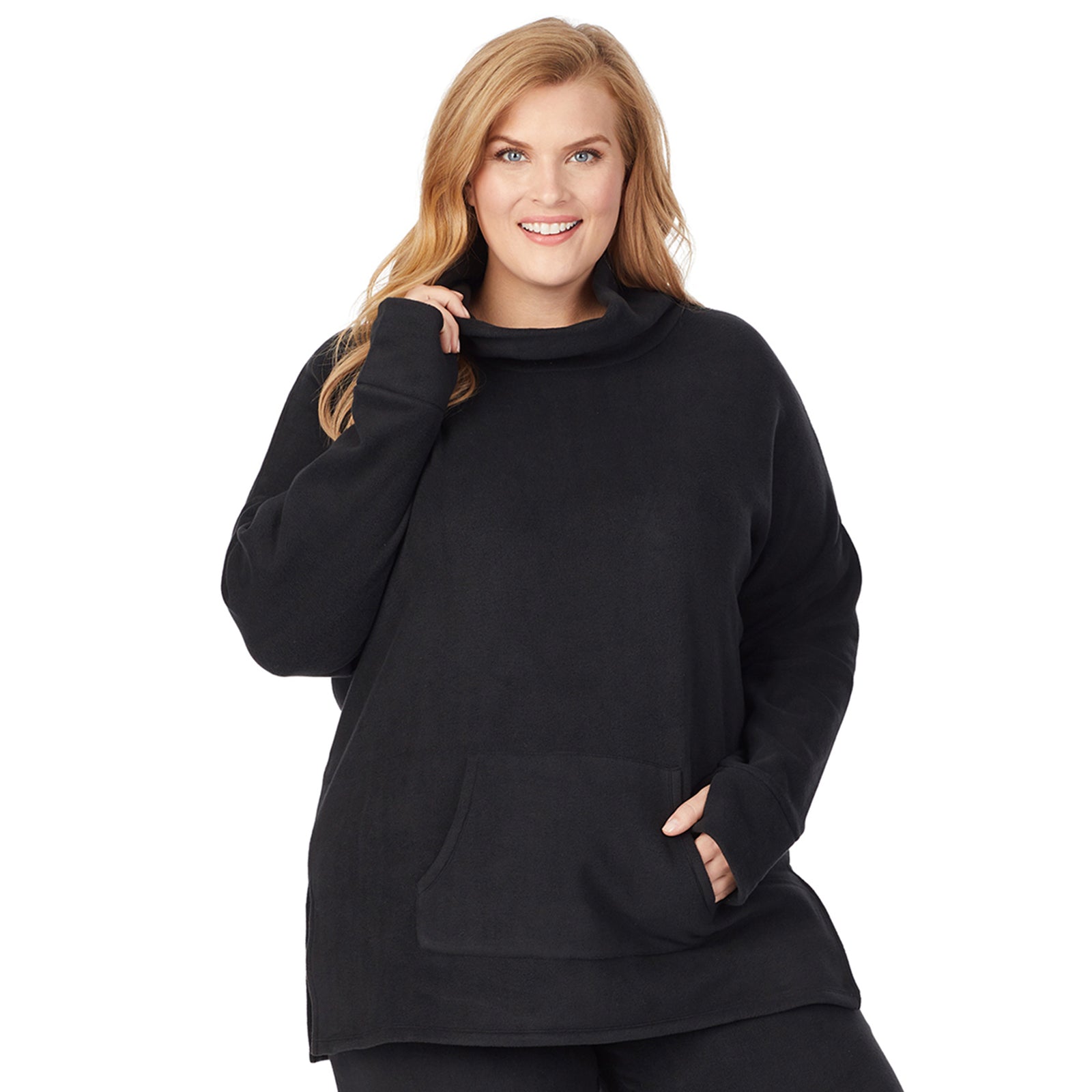 Black; Model is wearing size 1X. She is 5'9", Bust 38", Waist 36", Hips 48.5".@upper body of a lady wearing black long sleeve tunic