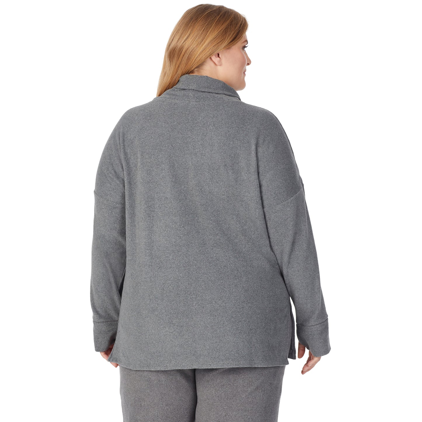 Charcoal Heather; Model is wearing size 1X. She is 5'9", Bust 38", Waist 36", Hips 48.5".@upper body of a lady wearing grey long sleeve tunic