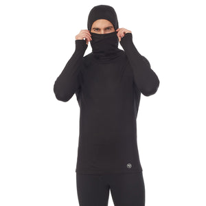 A man wearing black long sleeve balaclava.