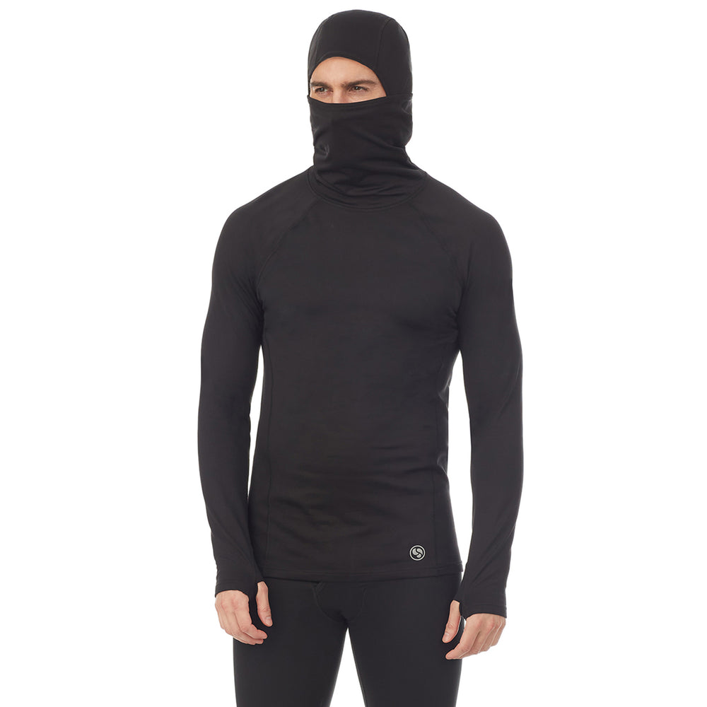A man wearing black long sleeve balaclava.
