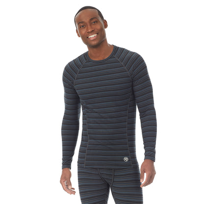 Black & Grey Stripe;Model is wearing size M. He is 6'1", Waist 31", Inseam 33"@A lady wearing climatesport long sleeve crew.