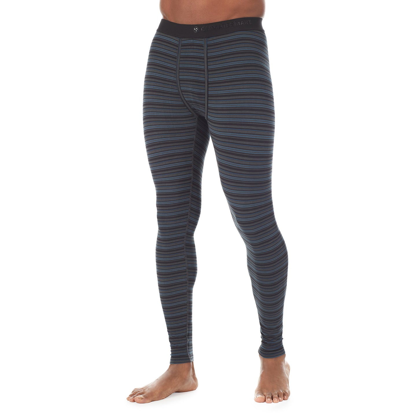 Black & Grey Stripe;Model is wearing size M. He is 6'1", Waist 31", Inseam 33"@A lady wearing climatesport long sleeve crew.