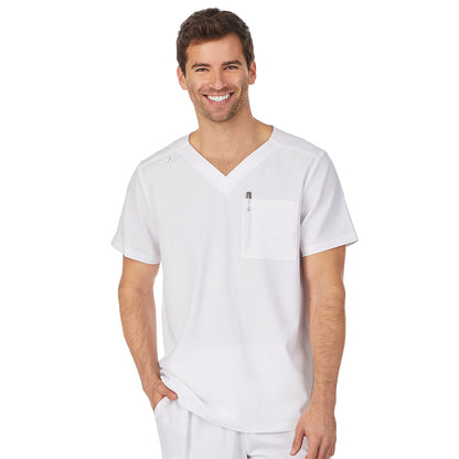 White;Model is wearing size M. He is 6'2", Waist 32", Inseam 32".@A man wearing white mens scrub v-neck top with chest pocket.